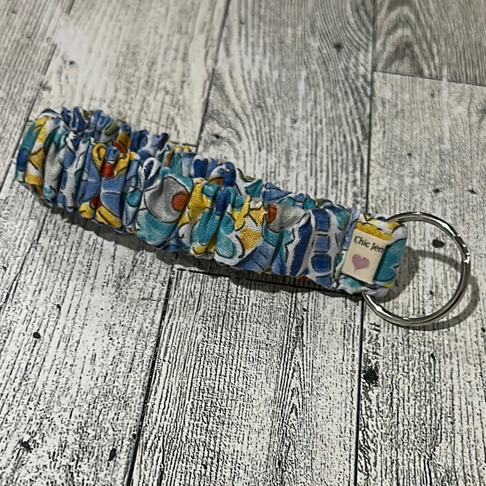 Blue and Yellow Floral wristlet scrunchie Key Chain